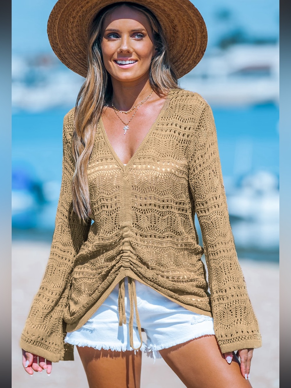 Cupshe Beige Crochet Drawstring Swim Coverup - Picture 9 of 15